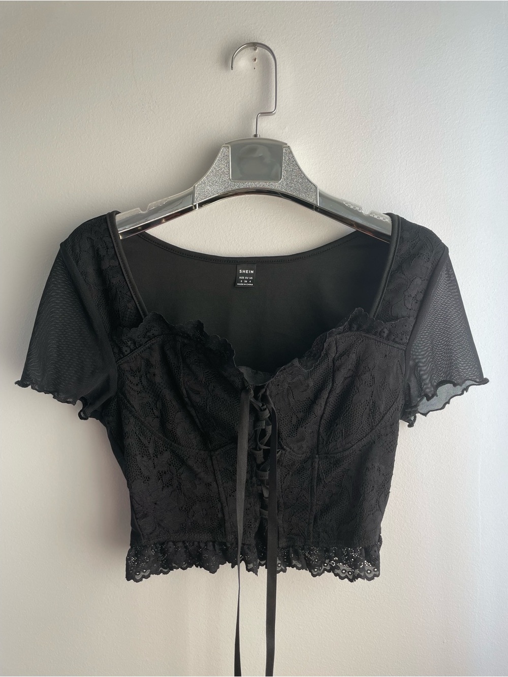 Black Lace-Up Crop Top with Satin Lacing-Steampunk-size S